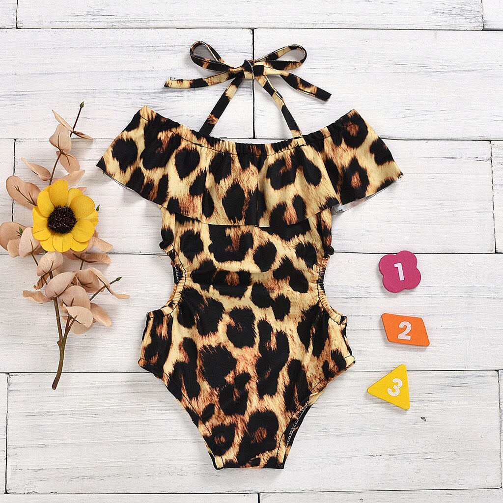 Leopard Print One Piece Swimsuit Kids Girl Cute Baby Girl Summer Halter Swimming Suit Bodysuit Chlidren Bathing Suit Swim Wear