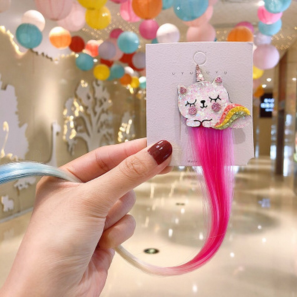 Kawaii licorne perruque ruban épingles à cheveux bebe filles mignon faux cheveux torsion meche a tresse décoration enfants bonbons barre pince à cheveux enfants bandeau accesoire: color 1