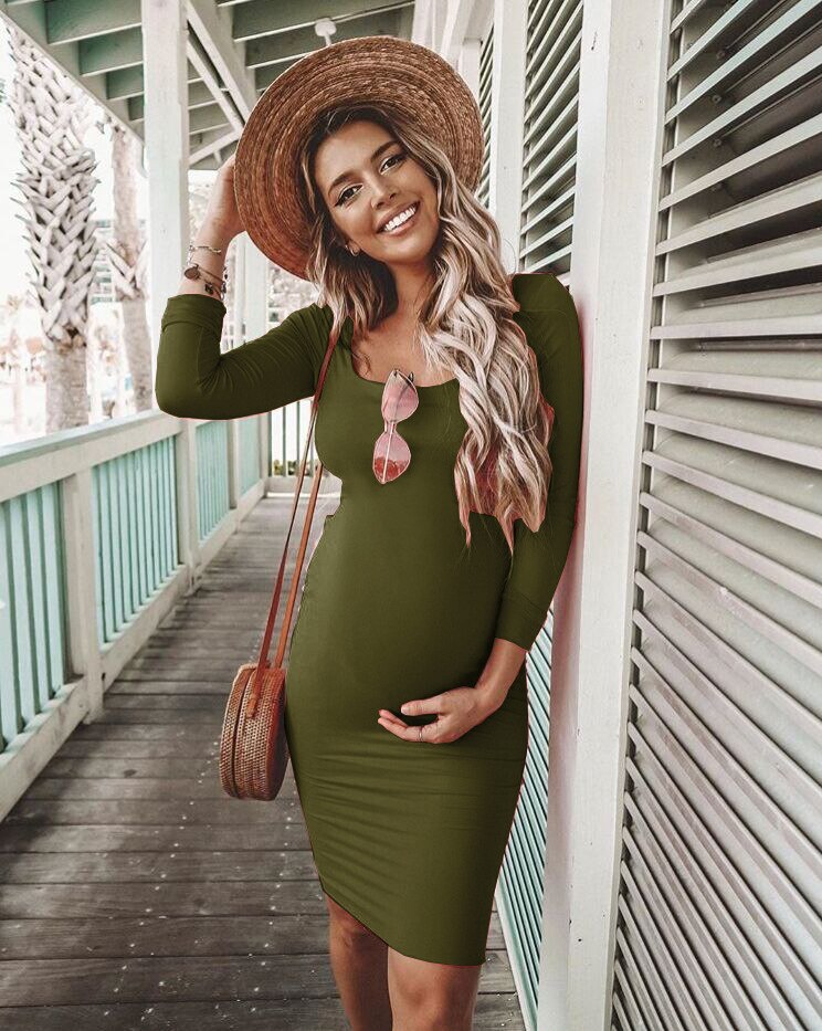 2020 nowa, jesienna zima Bodycon kobiety w ciąży stałe ubrania ciążowe z długim rękawem sukienki ciążowe Mama odzież Ropa De Mujer: army green / XL