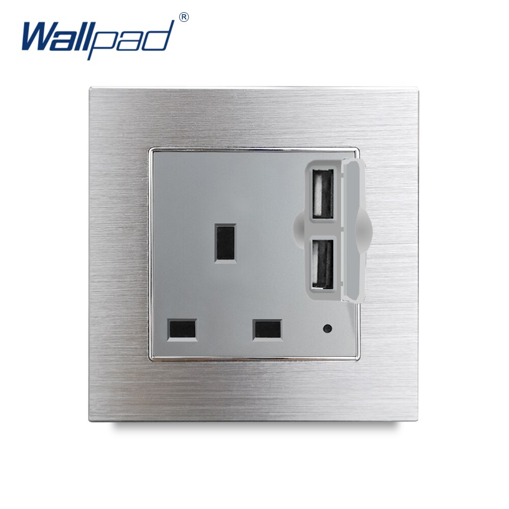 13A UK Socket with Double USB Charging Port with LED Indicator Wallpad Silver Metal UK socket with 2 USB Ports