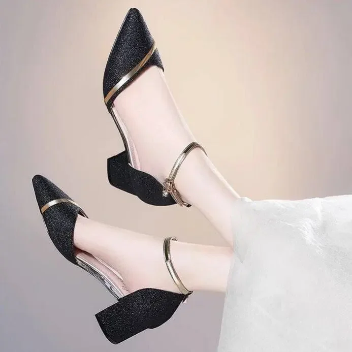 Baotou-Sandalias De tacón grueso De raíz puntiaguda para Mujer, Zapatos De con hebilla De una palabra, versión coreana, novedad: Beige / 39