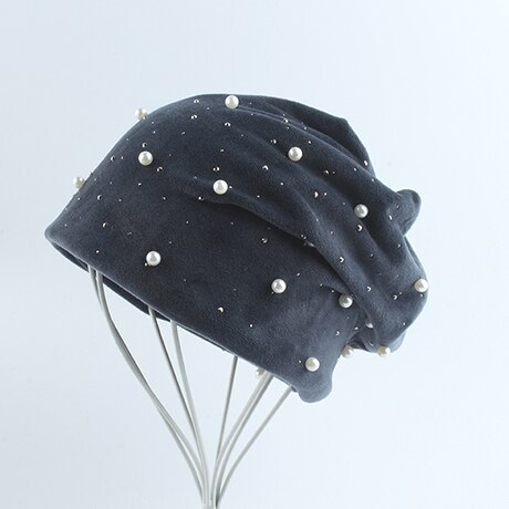 Gorros de terciopelo con diamantes de imitación y perlas para mujer, sombrero cálido y suave, de invierno, novedad de: Gris oscuro