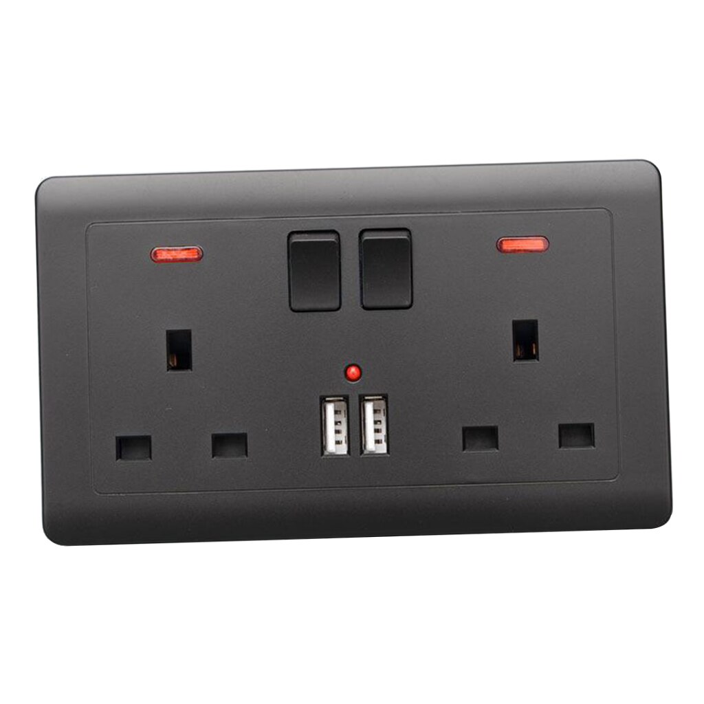 UK Plug Wall Switch Double Sockets 2 Gang 13A with 2 USB Charging Ports Black