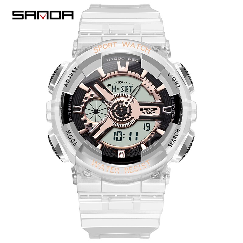 SANDA montre hommes et femmes montres transparentes étanche multi-fonction lumineux sport Double affichage Couple montre électronique: rose gold