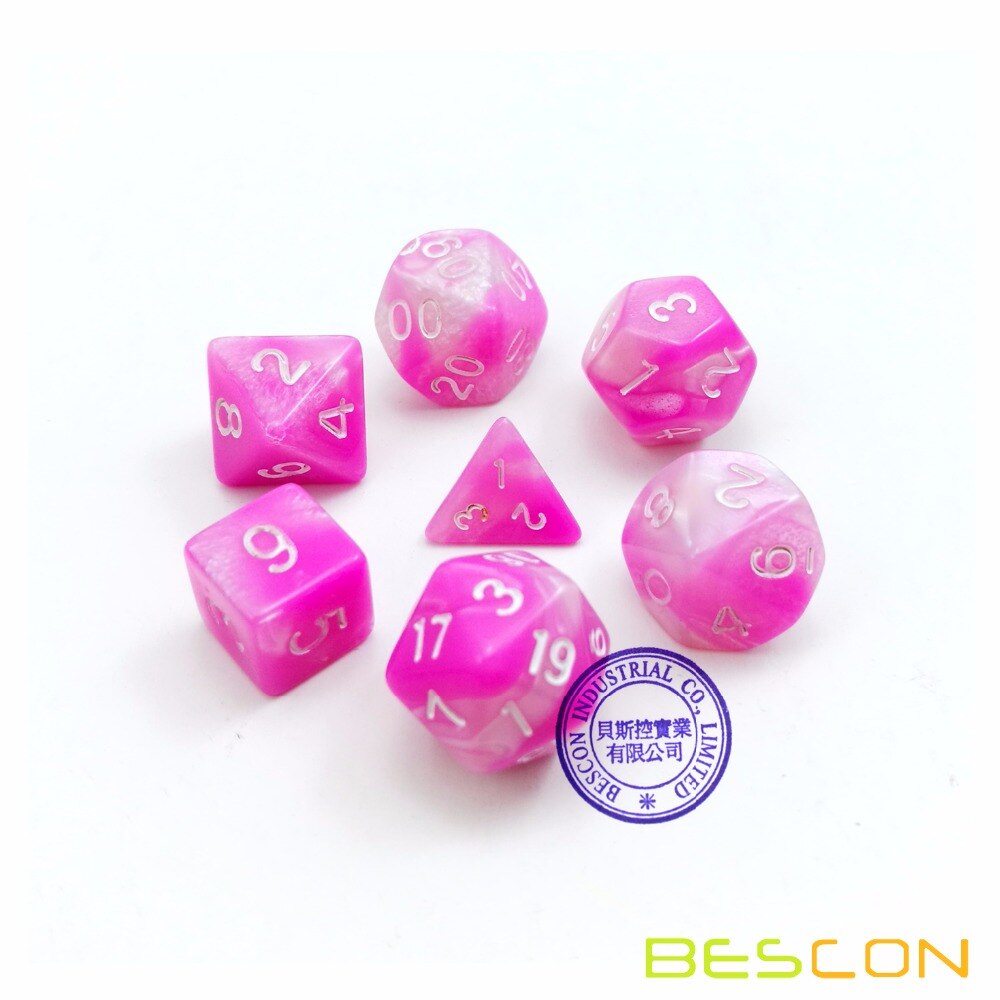 Bescon Mini Gemini Twee Tone Polyhedral Rpg Dobbelstenen Set 10 Mm, kleine Mini Rpg Rol Playing Game Dobbelstenen D4-D20 In Buis, Roze Bloesem
