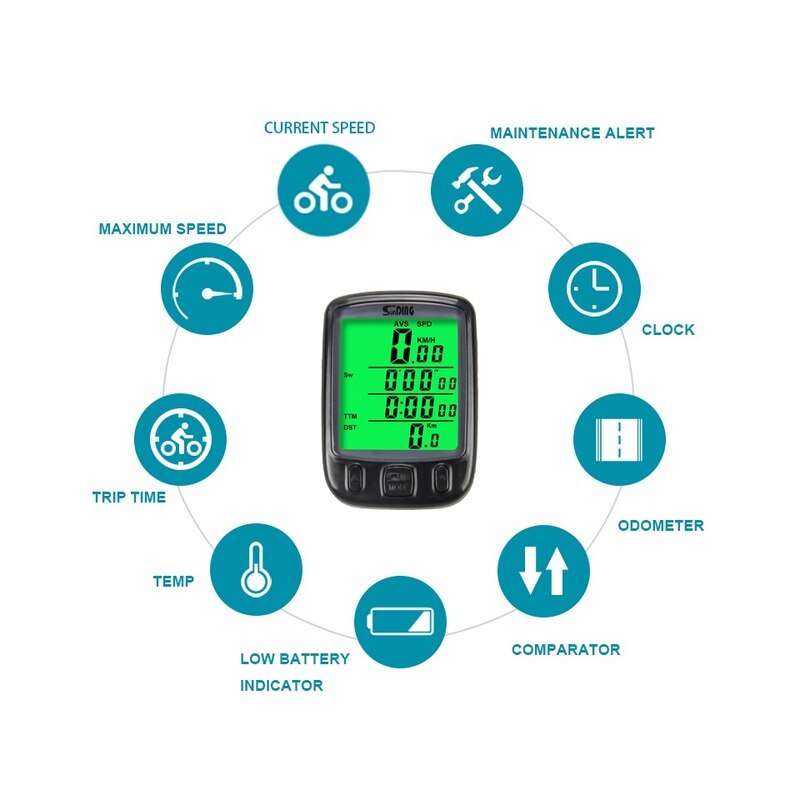 Sunding Sd 563A Waterdichte Lcd Display Cycling Bike Fiets Computer Kilometerstand Snelheidsmeter Met Groene Achtergrondverlichting