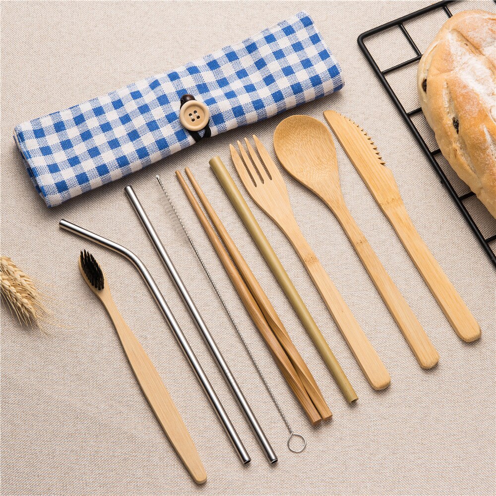 10 stuks Herbruikbare Bamboe Bestek Set Draagbare Servies Houten Bestek Vork Lepel Mes Set met Bestek Tas voor Travel Dinning set: 10pcs set007