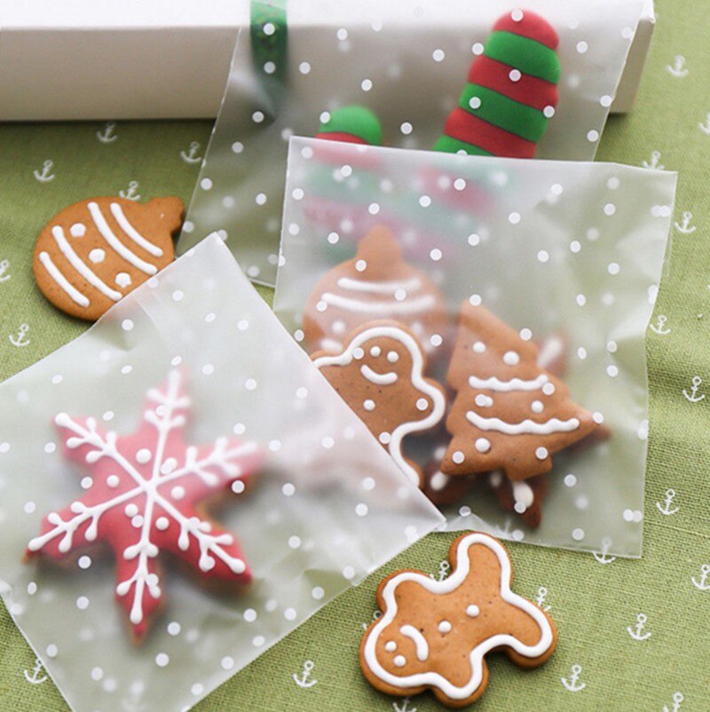 Bolsas transparentes de celofán para galletas, 100 Uds., bolsas de de Navidad, dulces con autoadhesivo de sello DIY para de boda