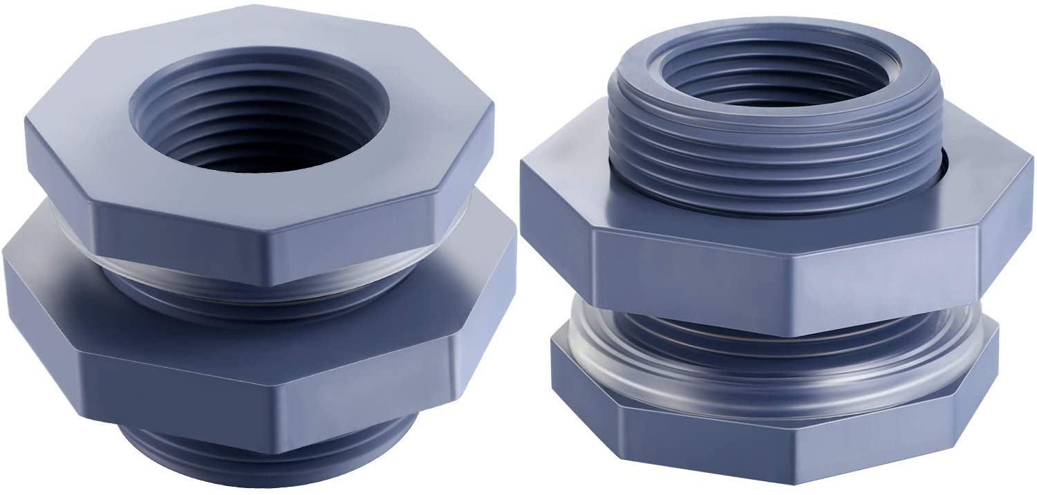 2 Pieces 1 Inch PVC Bulkhead Fitting for Rain Barrels, Aquariums, Water Tanks,Ponds and Pools