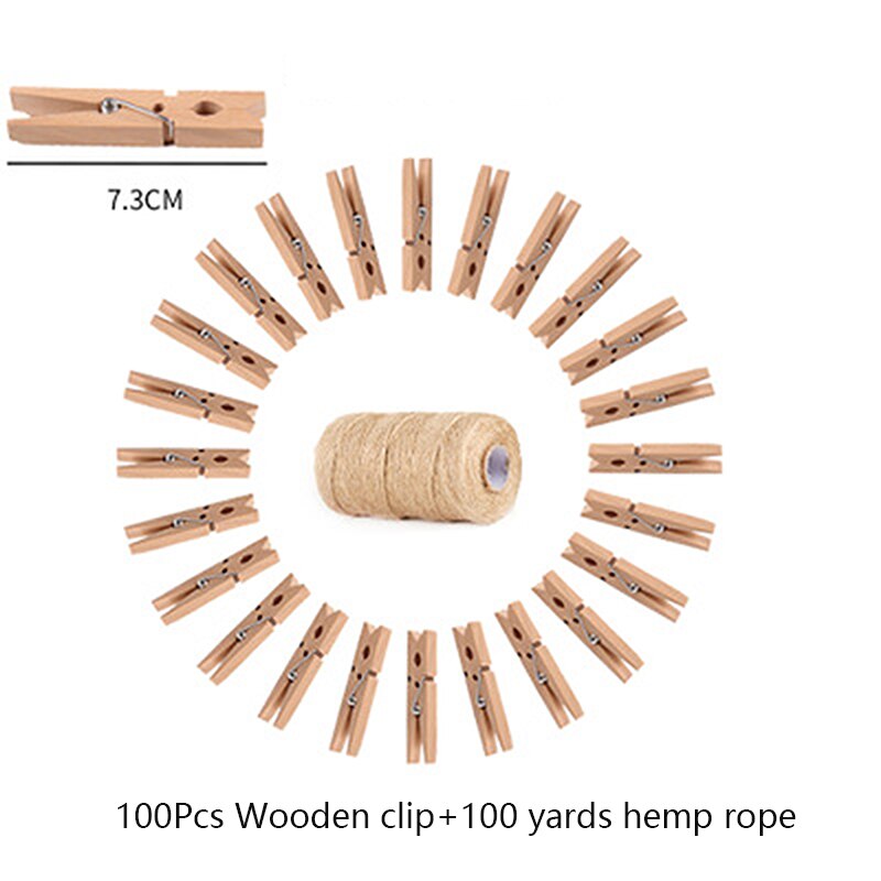 Pinza para fotos de madera de 100 Uds., pinza de madera decorativa, cuerda de cáñamo de 100 yardas, pinzas para ropa de almacenamiento para el hogar, pinzas decorativas
