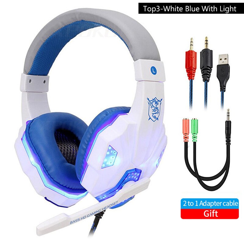 Com fio fone de ouvido gamer fones de ouvido led luz 3.5mm isolamento ruído fone de ouvido com controle volume microfone para computador portátil ps4: WhiteBlue with Light