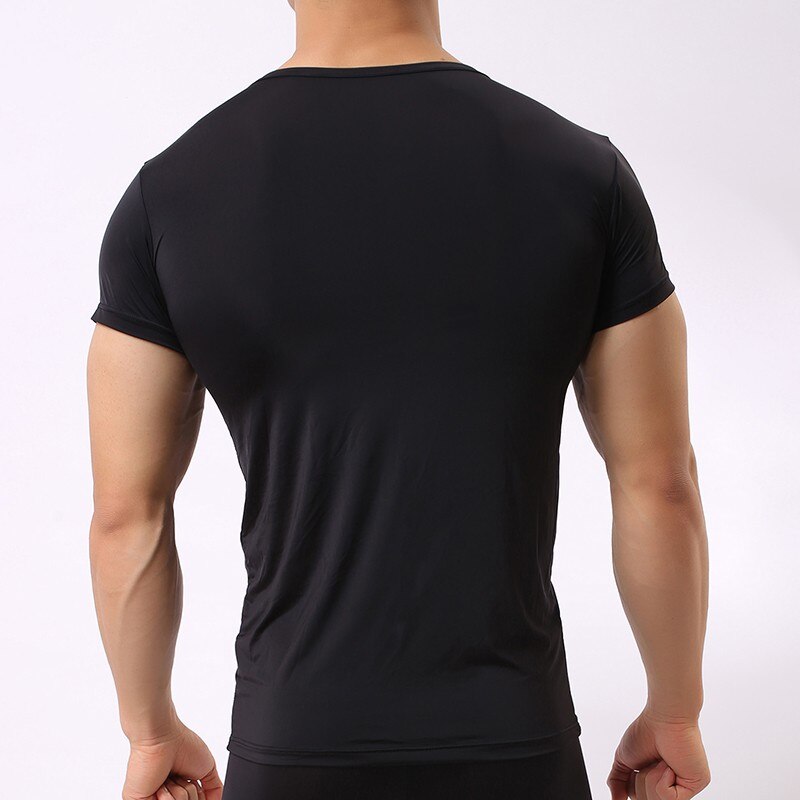 Sexy Ultra-thin Sheer Man Fitness Polyester Undershirts Gay Ice Silk V-neck Transparent Shirts Size S M L XL
