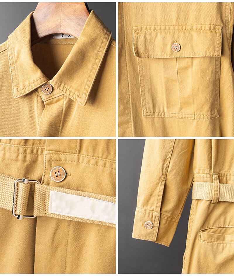 Mono de manga larga de algodón con solapa para hombre, ropa de trabajo japonesa, holgada, con múltiples bolsillos, pantalones Cargo, color caqui y negro