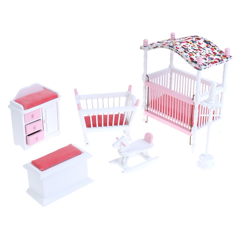 6pcs/set Mini Dollhouse Bedroom Furniture Toys Set 1/12 Wooden Simulation Furniture DIY Model Toy for Doll House Decoration Pink