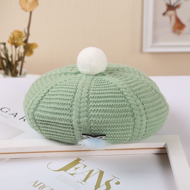 Dames hoeden en petten baret hoed muts dames herfst winter warme muts muts femme bontbal konijn wollen gebreide muts: Lichtgroen