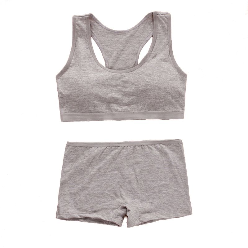 Teens Girls Sports Bra Set Puberty Underwear Cotton Training Bra with Briefs: GY