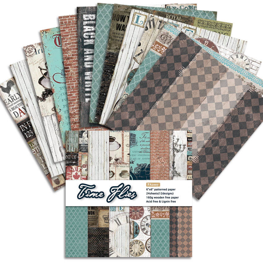 24 hojas 6 "X6" tiempo vuela patrón papel Pad bricolaje álbum de recortes papel pack hecho a mano manualidades de papel Fondo pad Alinacraft
