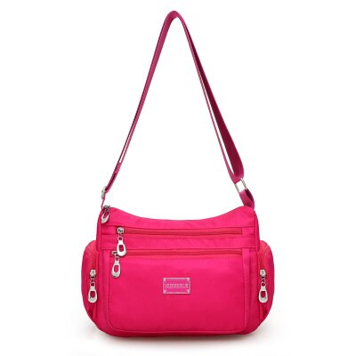 Ren farve vandtæt nylon skuldertaske candy color crossbody taske til kvinder flere lynlåse praktisk fritidstaske  -rx211: Hot pink