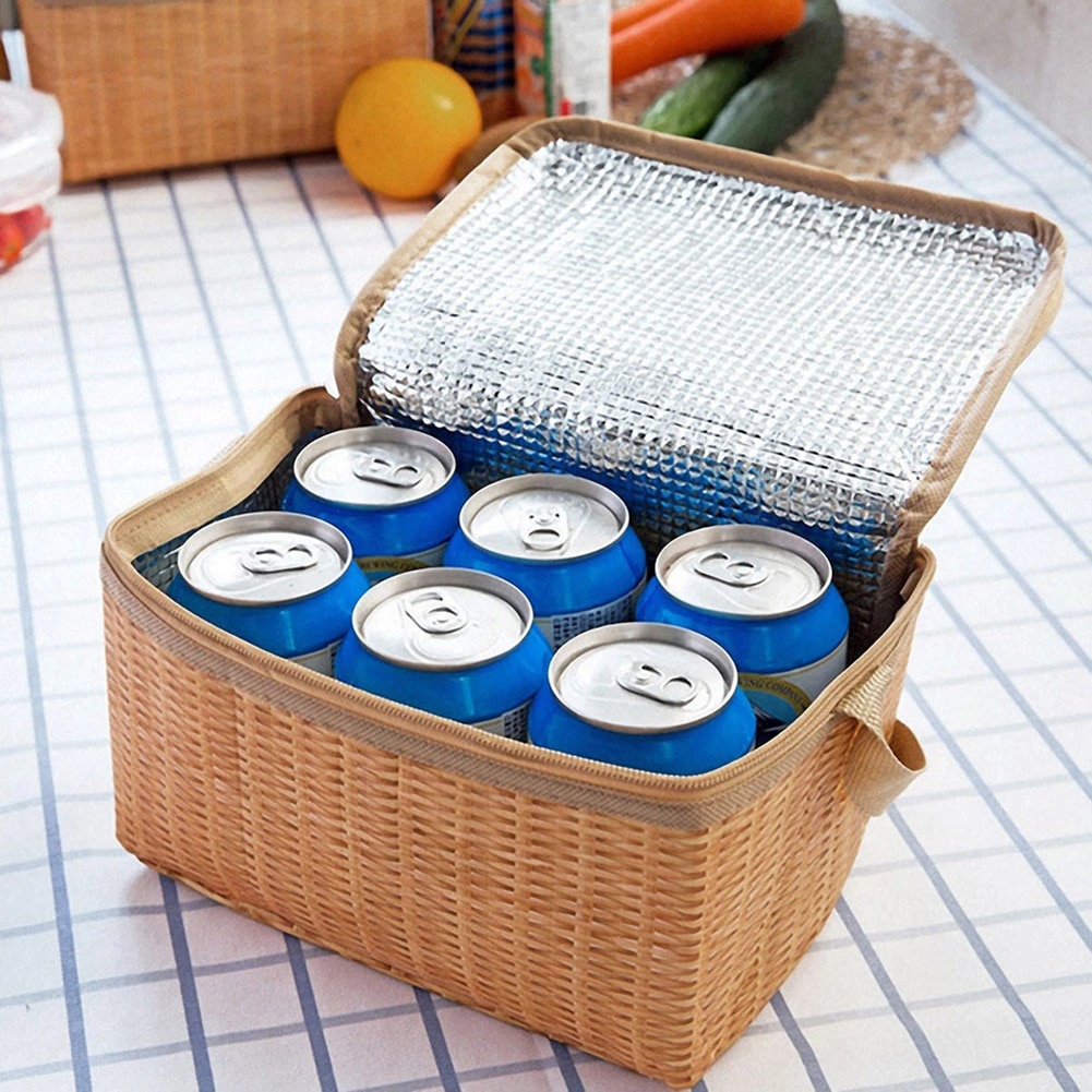 Tragbare Weide Rattan draussen Picknick Tasche Wasserdicht Geschirr Lebensmittel Container Warenkorb für Innen Haushalt Camping veranstalter