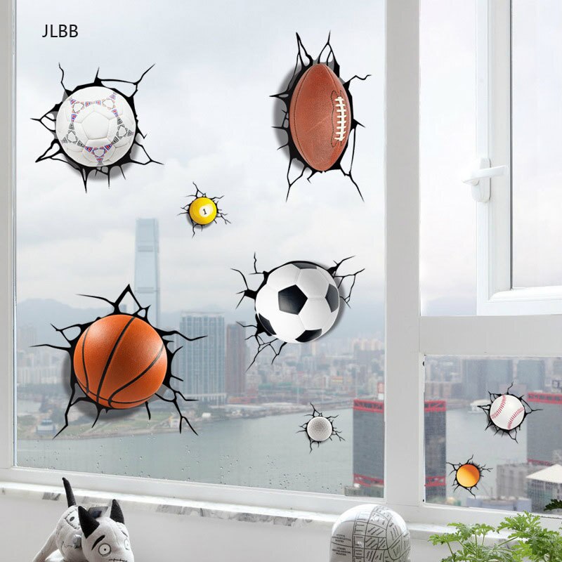 3D A lot of balls Broken wall sticker Football basketball home decals window stickers boys room living room sports decor mural