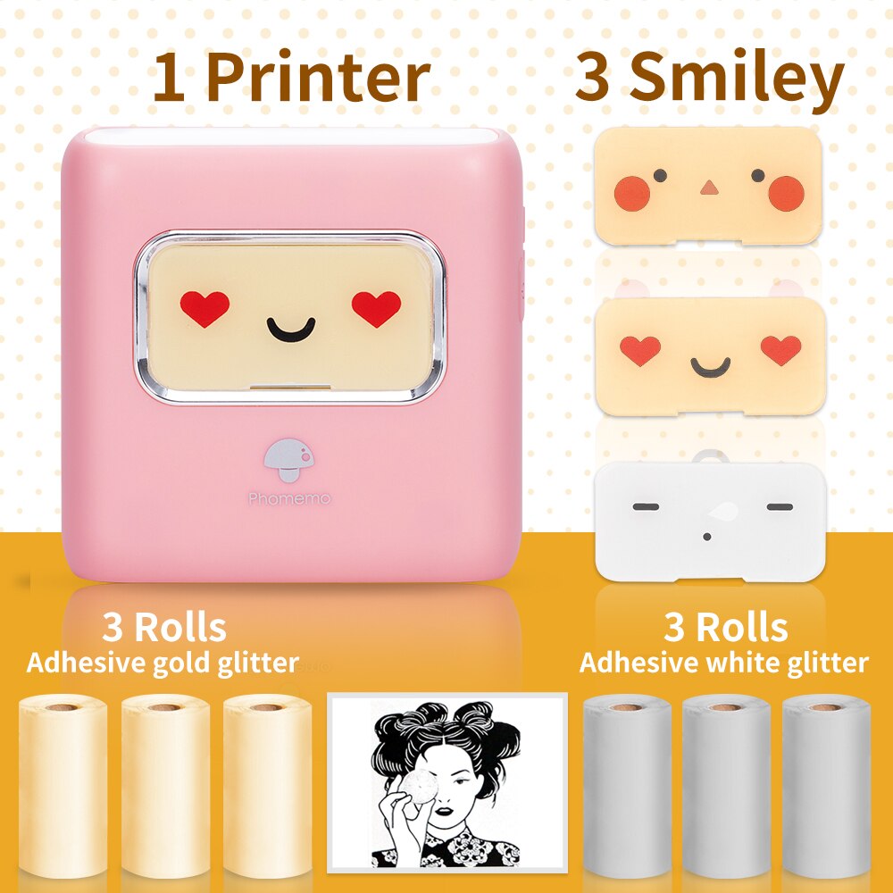 Phomemo M02E Pocket Thermal Picture Mini Printer Clear Printing Label Sticker Maker Wireless Photo Printing for Christmas: Pink-Q22-RMS-S10