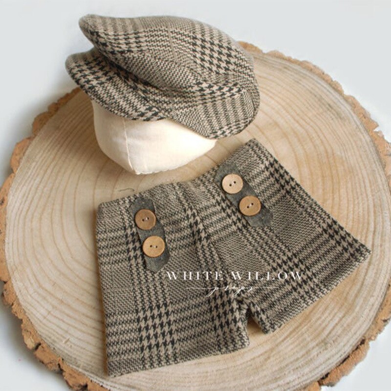 Pasgeboren Fotografie Props Hoed Broek Accessoires Set Baby Boy Plaid Kostuum Little Gentleman Fotostudio Eerste Foto: khaki