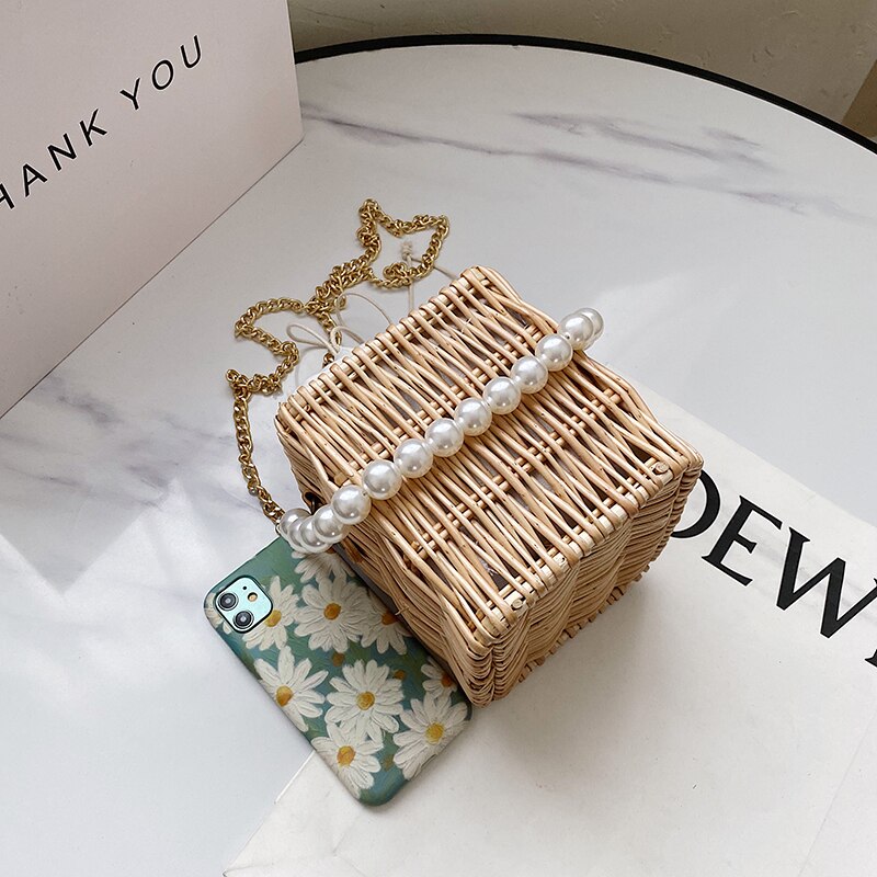 rotin carré femmes sacs à bandoulière perles poignée sacs à main en osier tissé été plage paille sac dame chaînes bandoulière sac à main