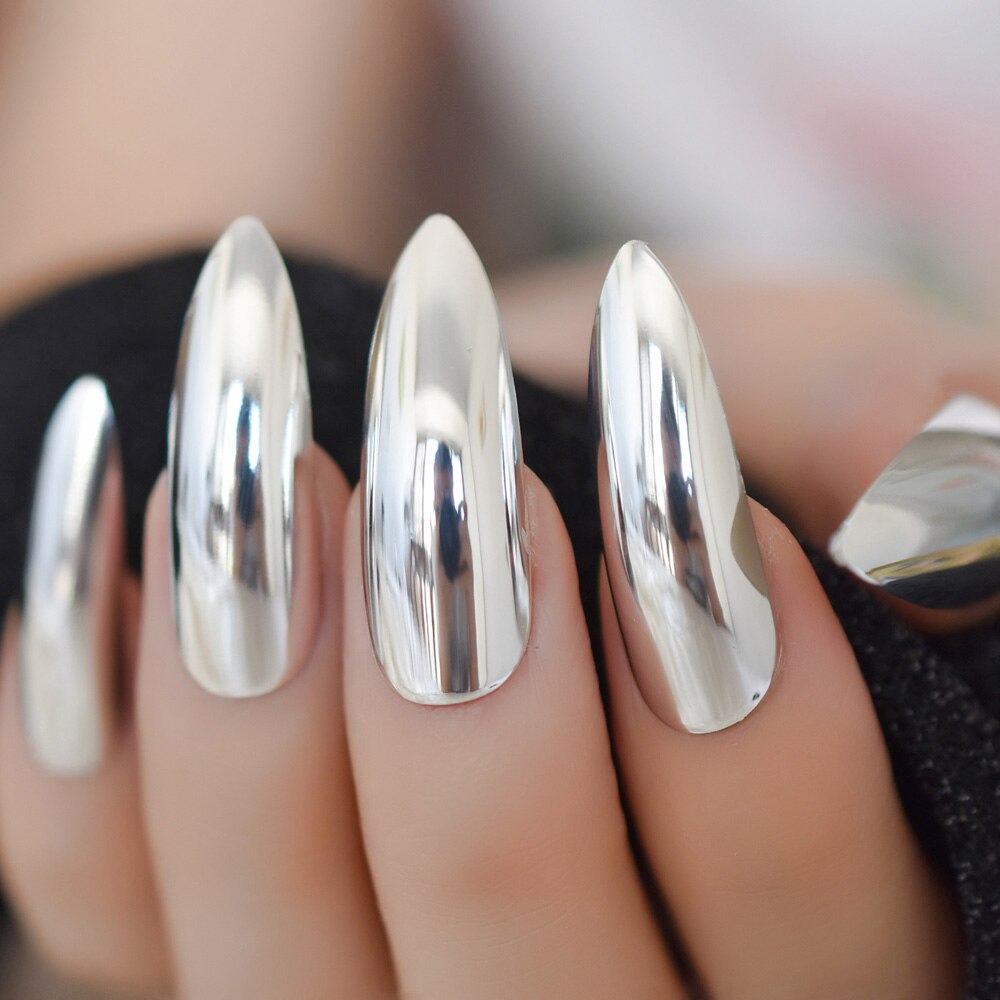 extra Lange Stilett Spiegel Falsche NäGel Silber SchöNe bilden Presse Auf NäGel Farbige Künstliche Nagel Tipps 24 Ct
