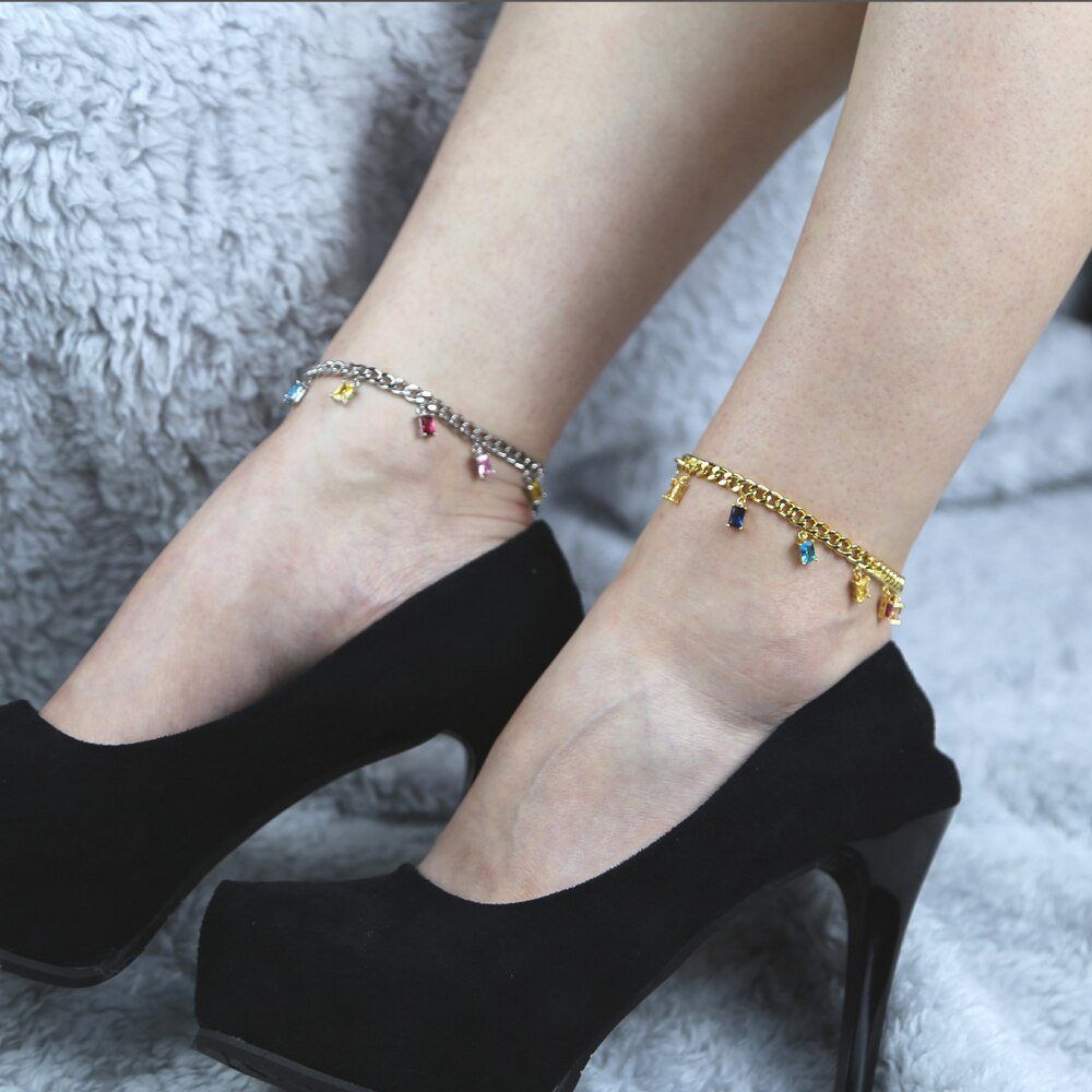 Regenboog Kleurrijke Zirconia Baguette Cubaanse Link Chain Enkelband Voor Vrouwen Verstelbare Lengte 21 + 5Cm Trendy Geometrische Cz enkelband