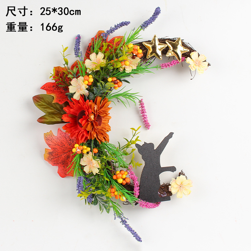 Halloween Maan Kat Slinger Deur Opknoping Decoratie Feestelijke Dode Tak Kitten Wijnstok Cirkel Sfeer Decoratie Deur Krans: Melkwit