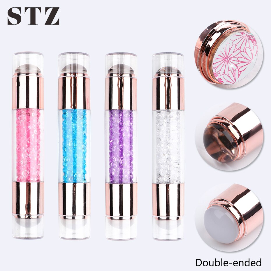 Stz 3Pc Double-Ended Siliconen Nail Stamper Met Crystal Strass Handvat Transparante Jelly Template Stamping Tool Schraper #1836