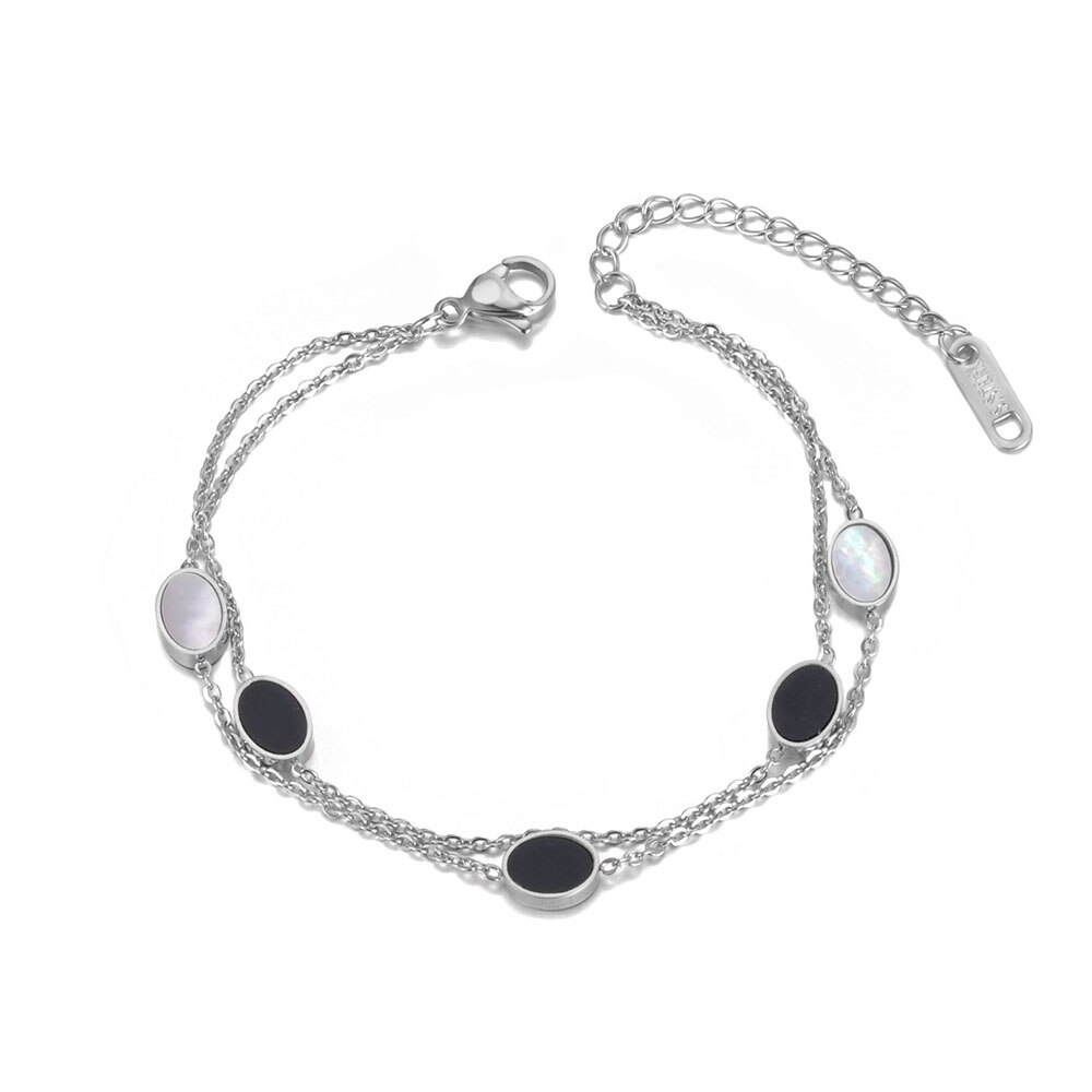 Lokaer Dubbele Lagen Wit/Zwarte Ovale Shell Charm Armband Rvs Bohemen Chain & Link Armbanden Sieraden B19073: Staal Kleur