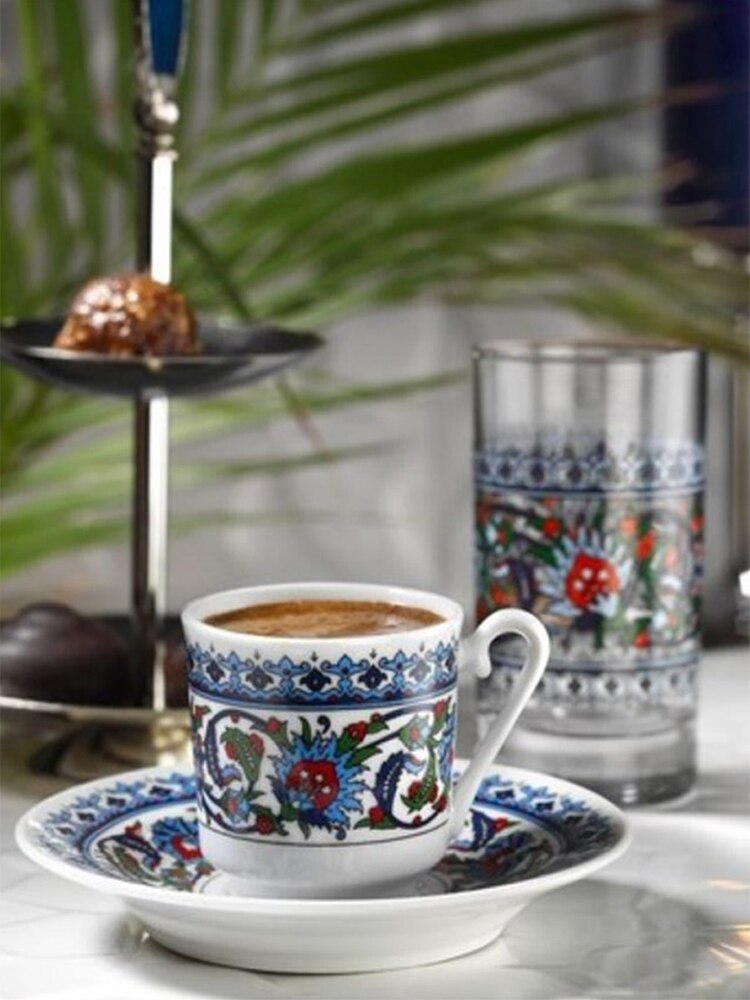 Gural Porselen Topkapi Palace Series Turkish Coffee Glass Cup and Cup Coaster 12 pcs