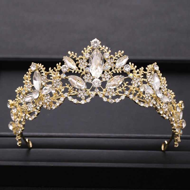 Trendy Bridal Hair Accessories Silver Color Crown Headdress Baroque Rhinestone Crystal Wedding Tiara Hair Jewellery Accessories: Gold-color