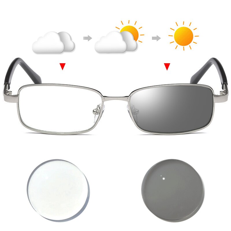 Gafas de lectura para hombre, lentes de cristal para presbicia, fotocromáticas, de aumento transparente, cuadradas, con marco de Metal plateado, de