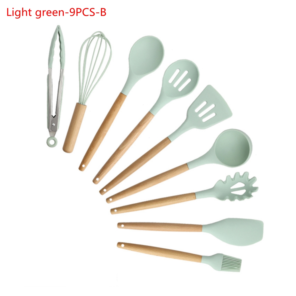 9/11Pcs Silicone Cooking Utensils Set Non-stick Spatula Shovel Wooden Handle Cooking Tools Set Kitchen Tools: 9Pcs-B Light Green