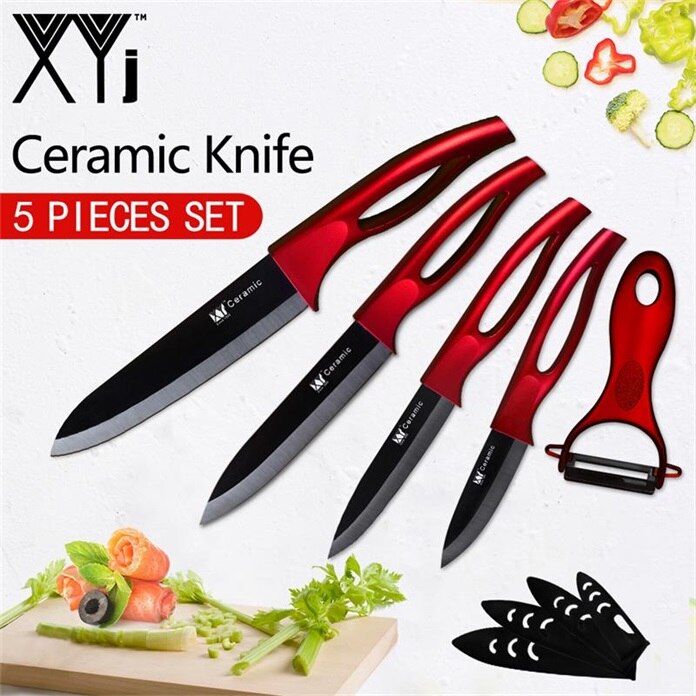 XYj Ceramic Knives Kitchen knives Tool 3 4 5 6 inch Chef Knife Cook Set+Peeler White Black Blade Multi-color Handle: Red H Black Blade