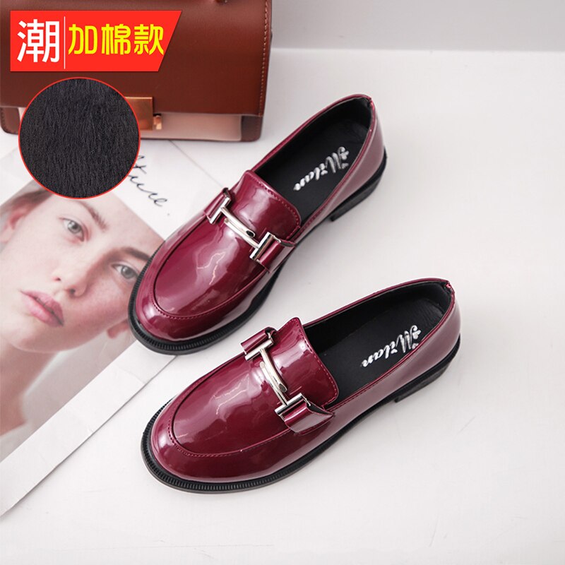 Mocasines de cuero japonés con hebilla de Metal para mujer, zapatos femeninos de tacón grueso, estilo derby, zapatos de cuero pequeños: wine red plush / 6