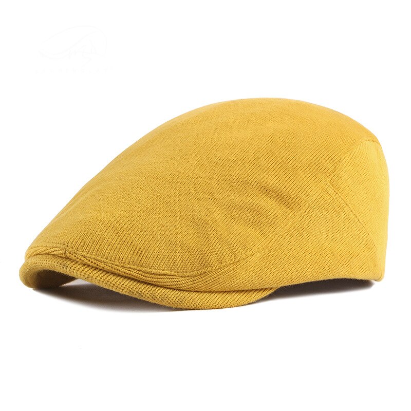Fs slik farver baretter hatte efterår vinter nyhedsdreng hue til mænd kvinder strikning flade hætter beret gatsby toppet vedbend andebreg: Gul baret