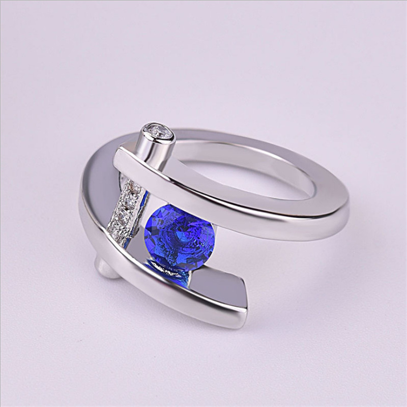 Rings for Women Silver Color Round Metal Inlaid Blue White Zicron Stones Ring Wedding Jewelry