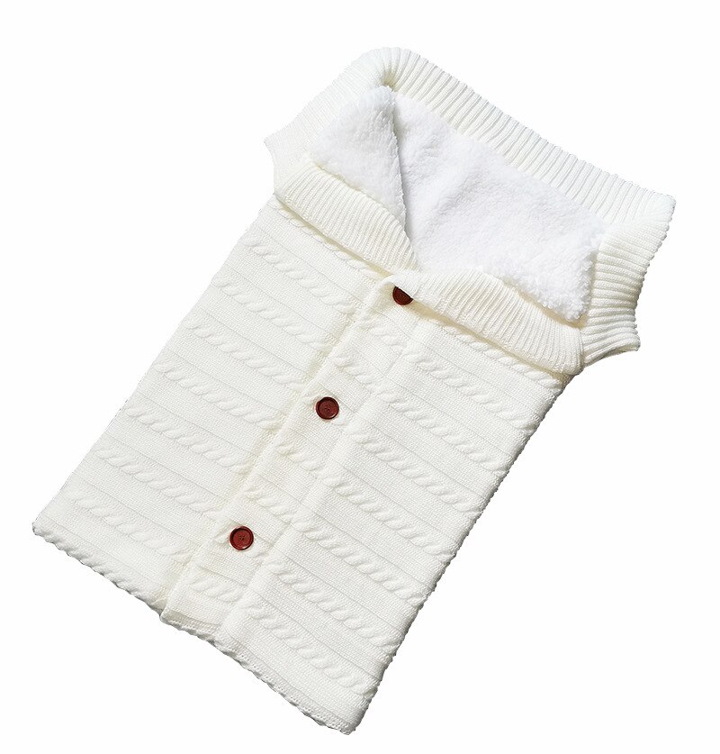 Baby Baby Gebreide Warme Inbakeren Slaapzak Knop Deken Fleece Dikte Herfst/Winter Kinderwagen Warm Wrap Deken 68*40Cm: WHITE