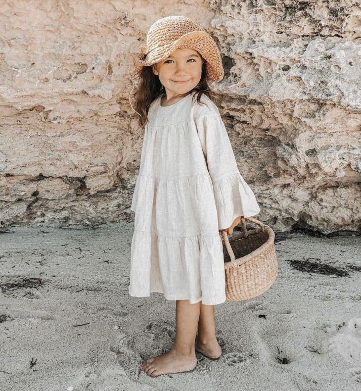 Vestido de lino y algodón liso para niña, Vestido de manga larga, de princesa, vestidos largos hasta la rodilla, primavera
