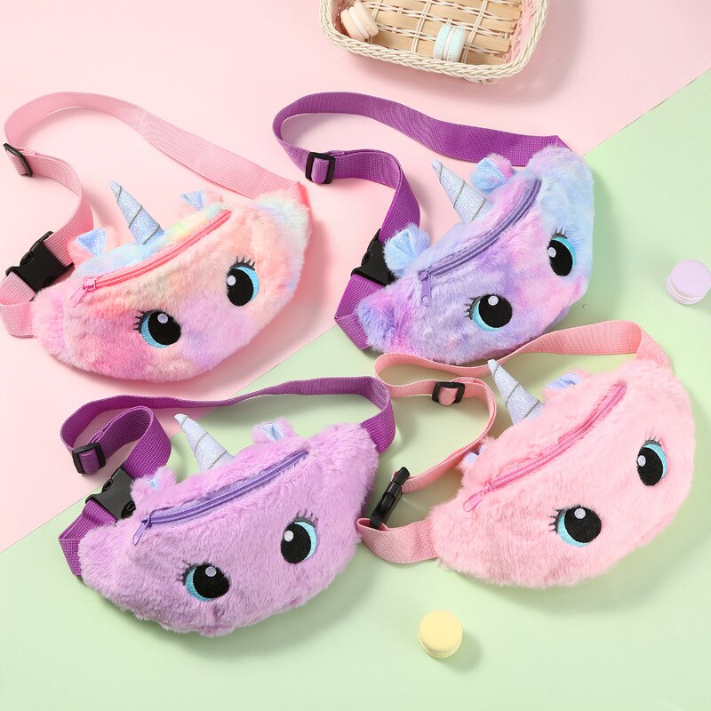 Cute Unicorn Children's Fanny Pack Girls Waist Bag Plush Toys Belt Gradient Color Chest Bag Cartoon Coin Purse Travel Chest Bag