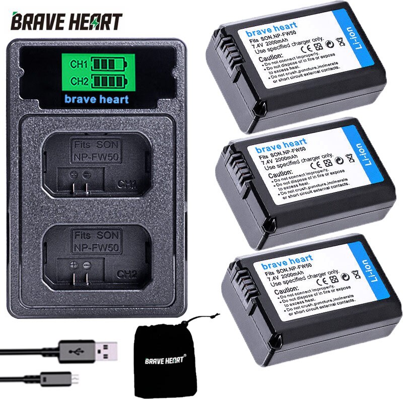 4Pcs 2000mAh NP-FW50 NP FW50 Battery + LED USB Dual Charger for Sony Alpha a6500 a6300 a7 7R a7R a7R II a7II NEX-3 NEX-3N NEX-5: charger and 3battery