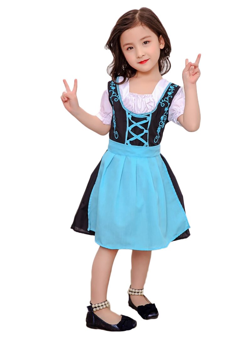 Barn flickor tysk oktoberfest dirndl piga kostym bonde snörning förkläde bomull klänning puffärmar outfit för barn flickor 3-10t: Blå / 4t