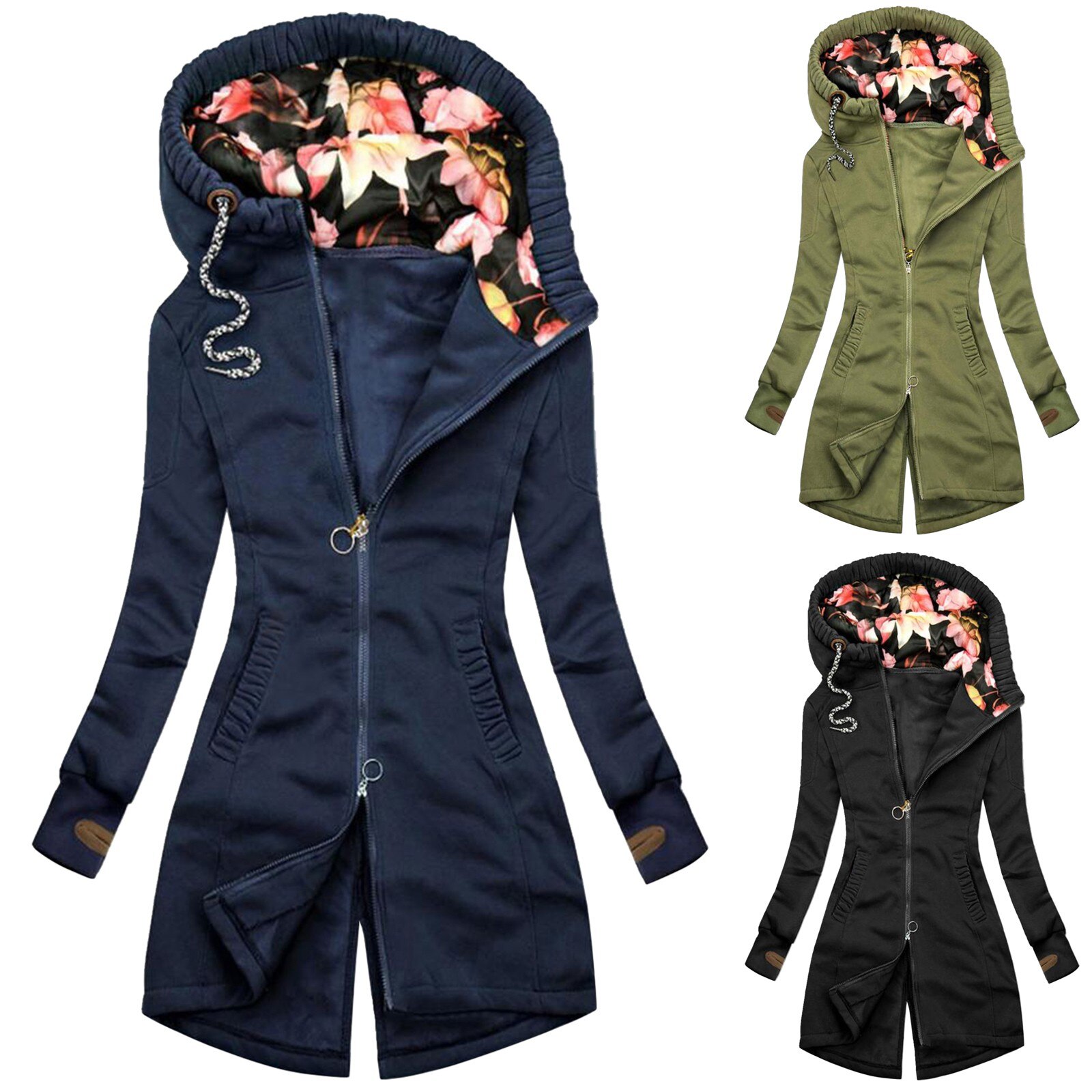 Winter Women Long Coat Floral Print Overcoat Long Sleeve Zipper Pocket Cardigan Hooded jacket Slim Trench Coat manteau femme