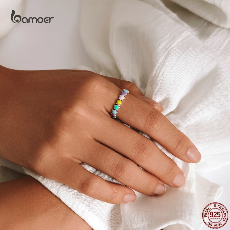 Bamoer Mode Kleur Star Silver Ring Voor Vrouwen Echt 925 Sterling Zilveren Stapelbaar Regenboog Ring Trendy Casual Sieraden