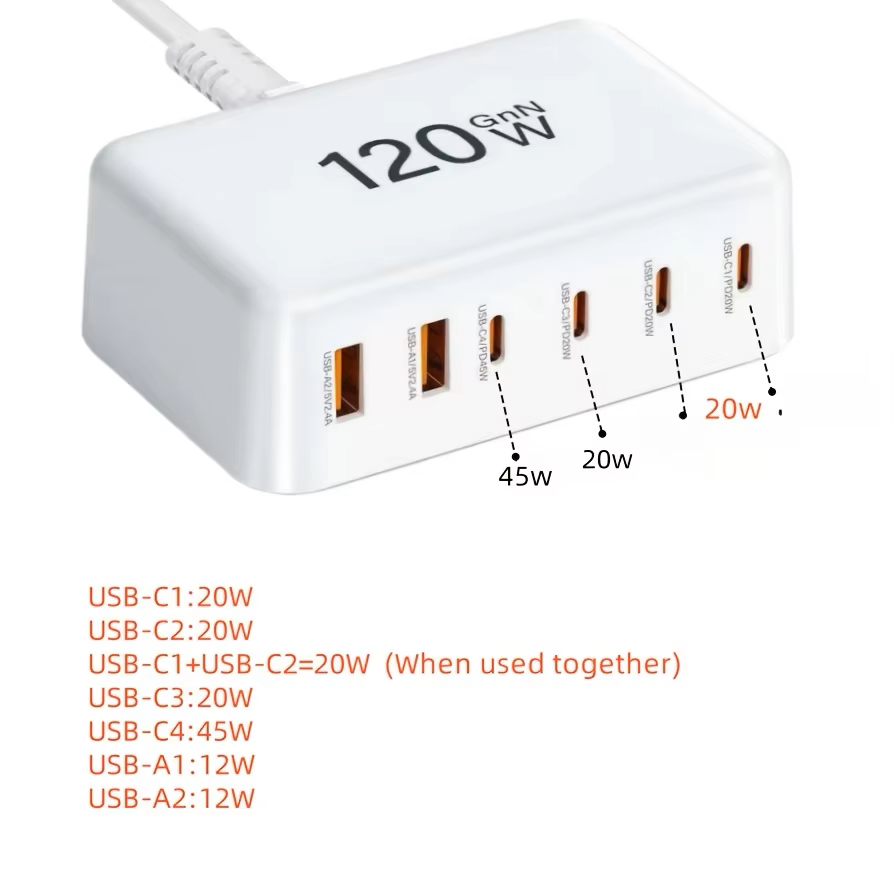 120w gan mobil ladestation 6- porte usb c vægoplader til strømadapter 45w/20w egnet til opladning af mobiltelefoner