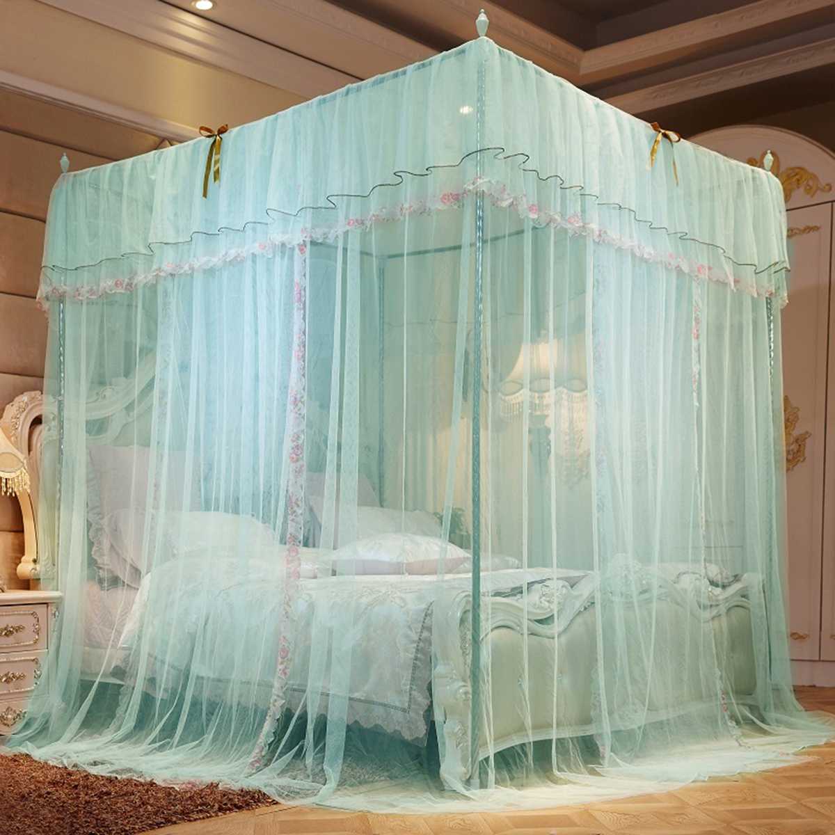 Estilo europeu 4 canto pós cama dossel mosquiteiro rede cheia cama decoração do quarto pendurado valance: Azul