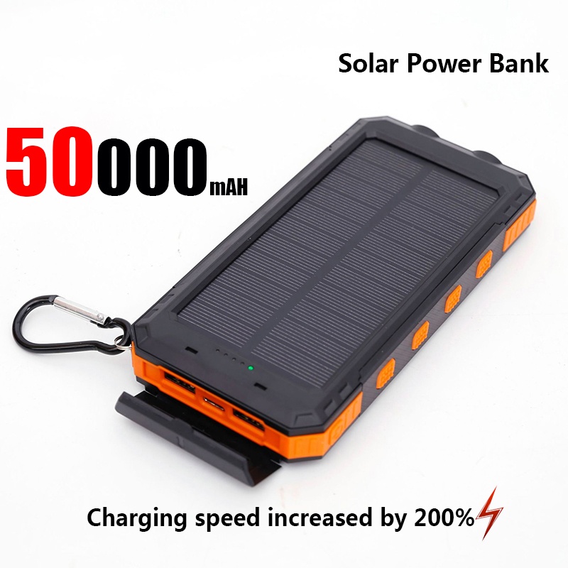 Banco de energía Solar de 50000mAh, cargador portátil de carga rápida de gran capacidad, cordón, brújula, batería externa, energía de respaldo para exteriores: Plata